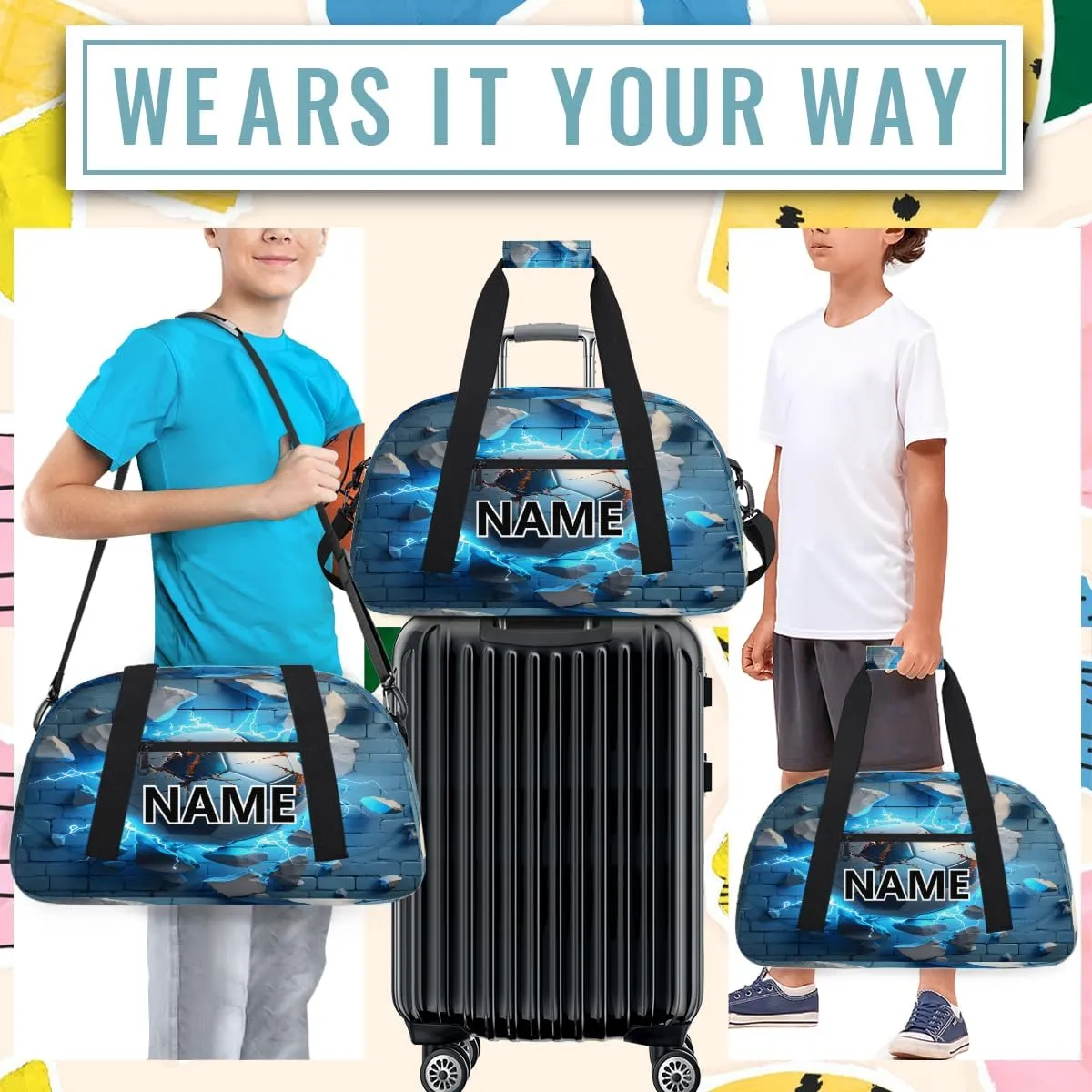 Soccer Custom Small Gym Bag 18 inch for Women Men Personalized Football Ball Carry On Overnight Weekender Bag for Travel Work Dance Sport