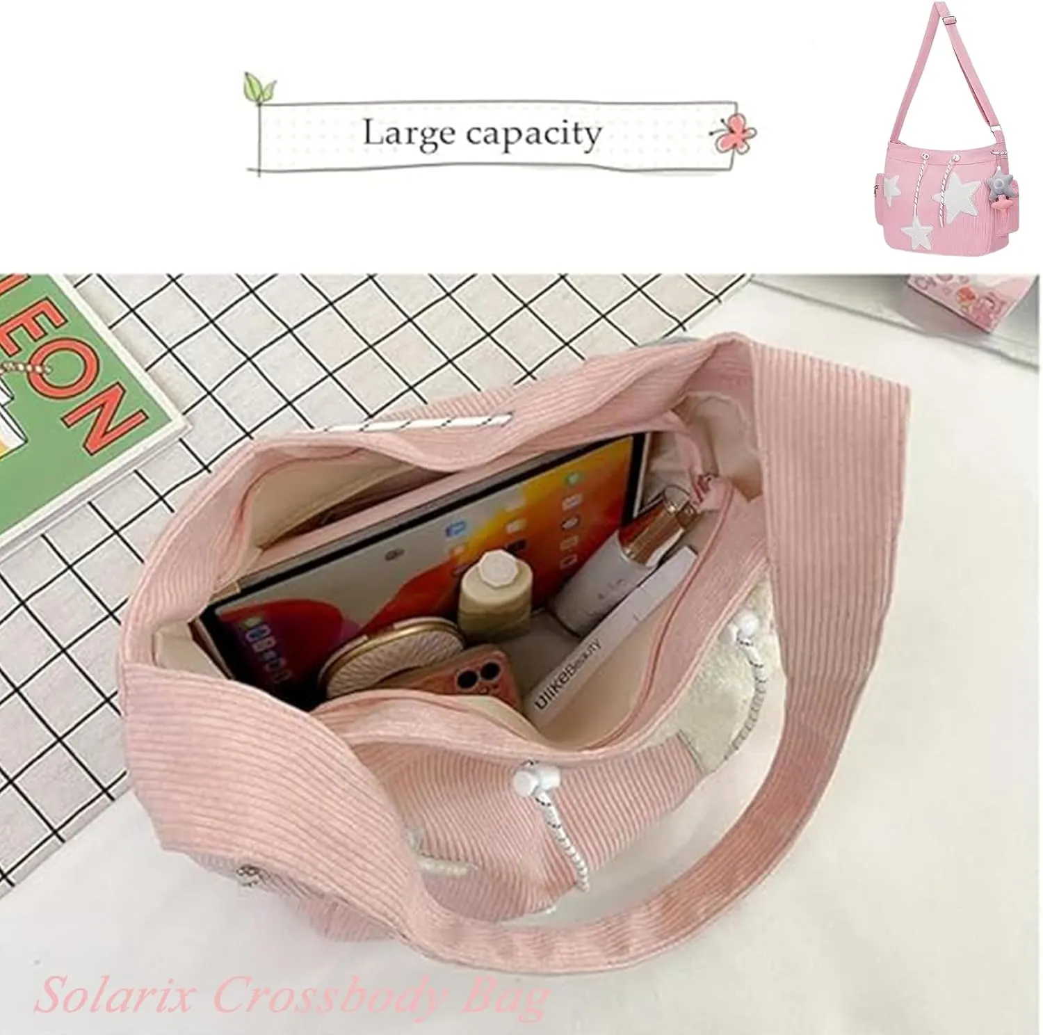 Solarix Crossbody Bag, Solarix Bag, Kawaii Zipper Messenger Bag Corduroy Tote Bag Y2k Star Tote Hobo Bag