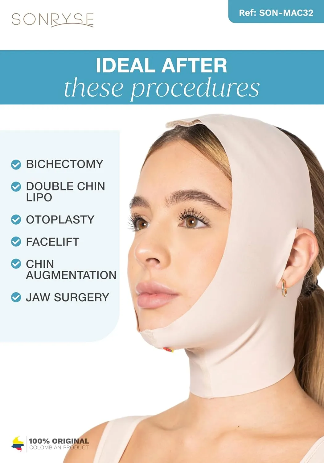 Sonryse MAC32VE Post Surgery Chin Lift After Lipo Compression Chin Support Garment Post Surgical Facial Beige M