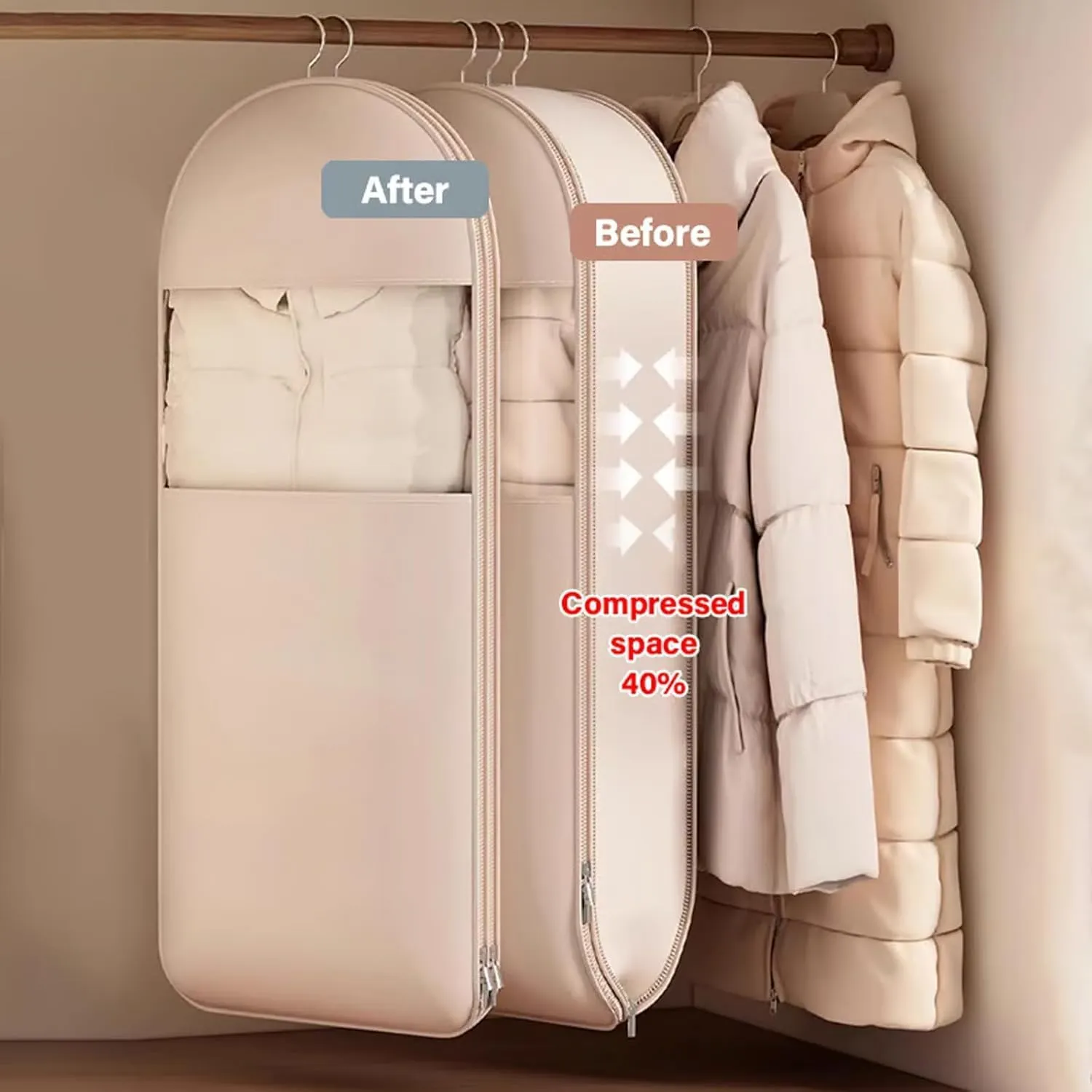 Space Saving Hanging Garment Bag, Space Saving Hanging Garment Bag with Self Compression Zipper, Dust Cover Clothes Bags for down Coat, Transparent Visibility (Pink, X-Large)