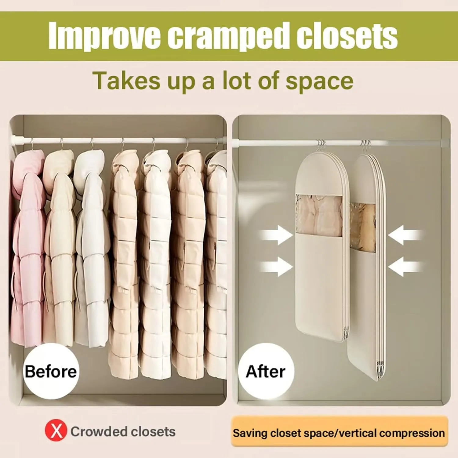 Space Saving Hanging Garment Bag, Space Saving Hanging Garment Bag with Self Compression Zipper, Dust Cover Clothes Bags for down Coat, Transparent Visibility (Pink, X-Large)