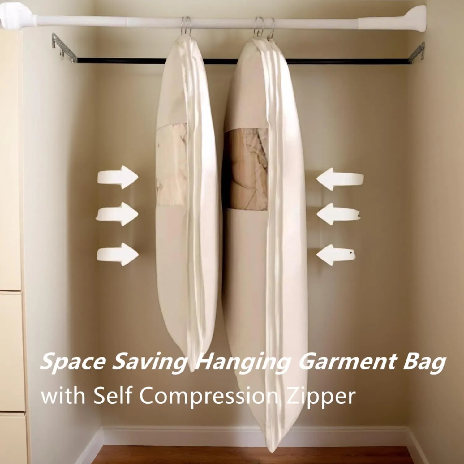 Space-Saving Hanging Garment Bag with Compression Zipper | Thickened Durable Closet Organizer | 3 Sizes for Jackets, Suits, Coats (Beige, XL)