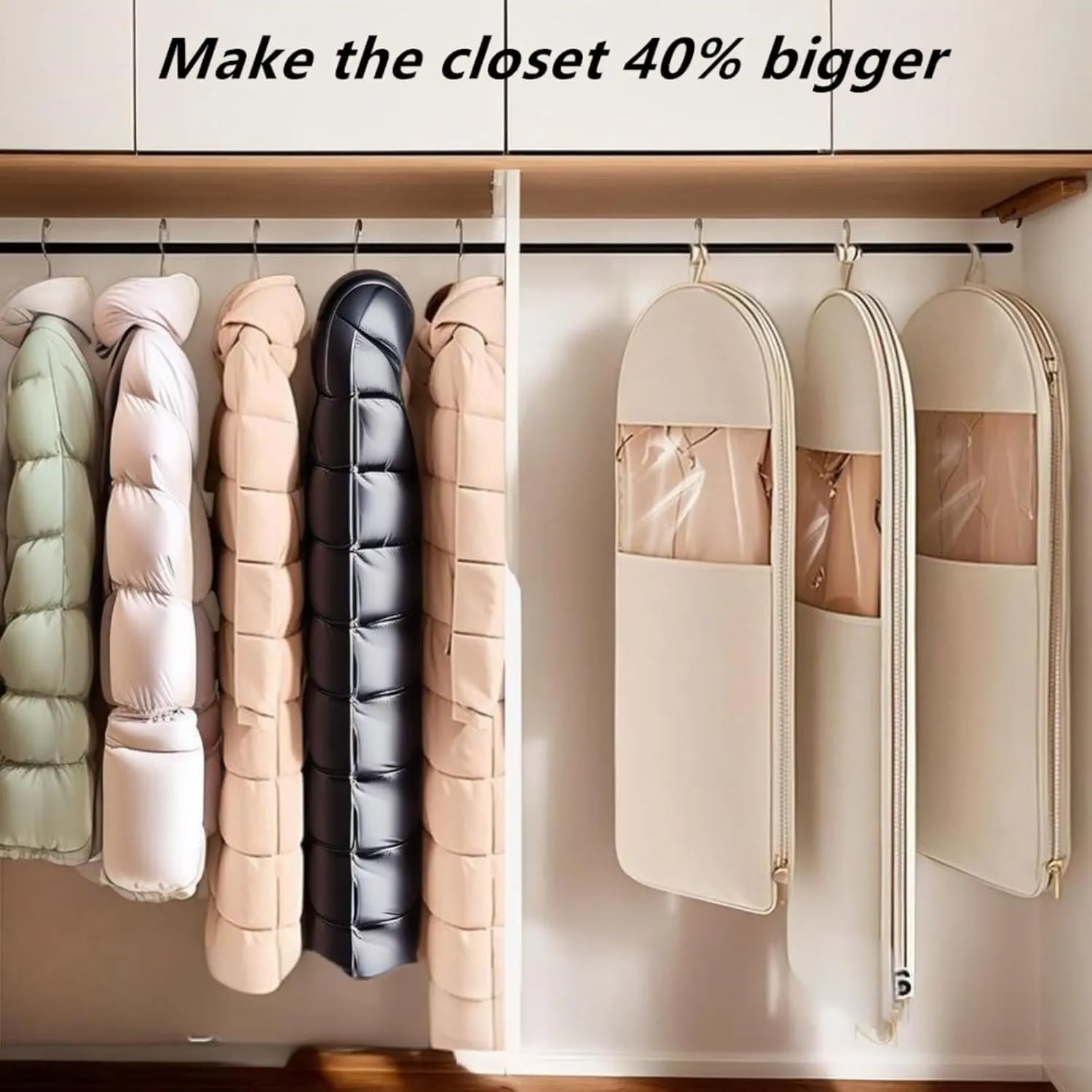 Space-Saving Hanging Garment Bag with Compression Zipper | Thickened Durable Closet Organizer | 3 Sizes for Jackets, Suits, Coats (Beige, XL)