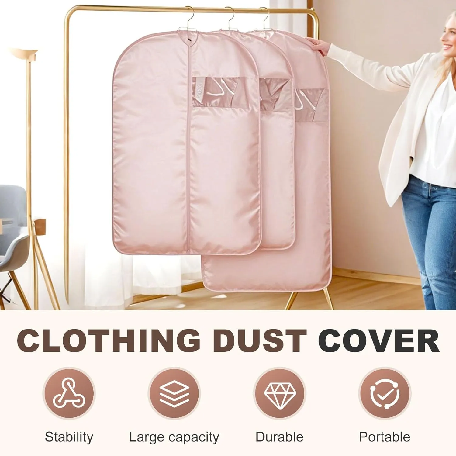 Space Saving Hanging Garment Bag with Self Compression Zipper, 2025 New Creative Closet Clothes Storage Bags, Household Hanging Clothes Dust Cover for Coats,Down,Jackets,Suits (Beige, Large)
