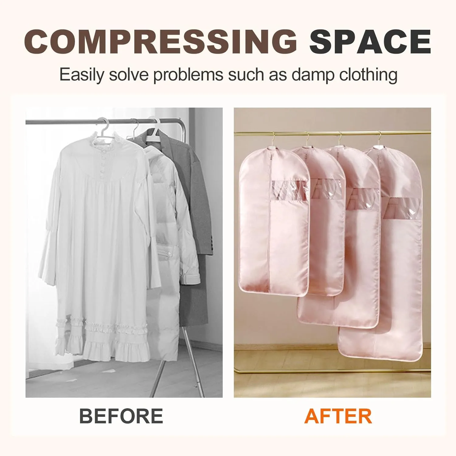 Space Saving Hanging Garment Bag with Self Compression Zipper, 2025 New Creative Closet Clothes Storage Bags, Household Hanging Clothes Dust Cover for Coats,Down,Jackets,Suits (Beige, Large)