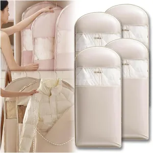 Space Saving Hanging Garment Bag with Self Compression Zipper, 2025 New Garment Bags Dust Cover Clothes Bags Travel Organizer for Wedding Dress Winter Coat Storage (Beige, L*4PCS)