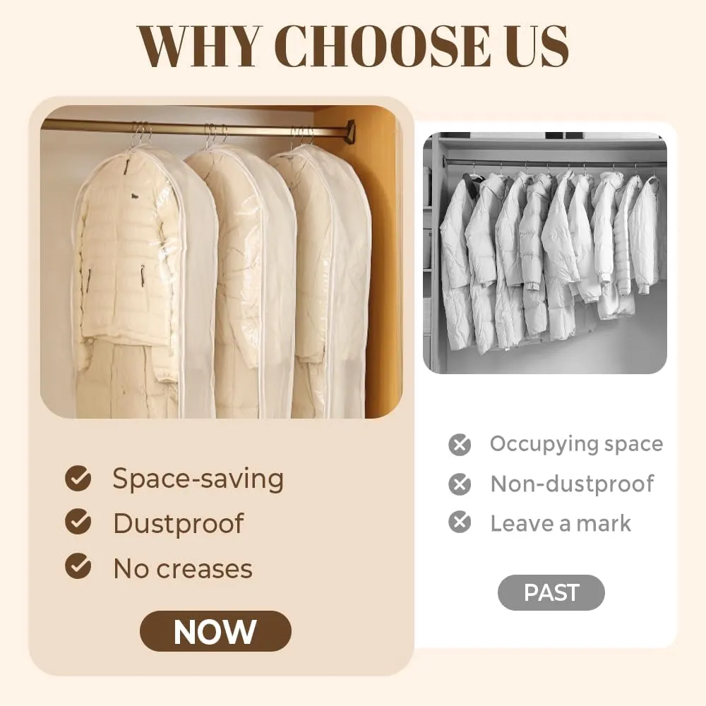 Space Saving Hanging Garment Bag with Self Compression Zipper, 2025 New Hanging Vacuum Storage Bags for Clothes, Dust Cover Clothes Bags for Down Coat (White L)