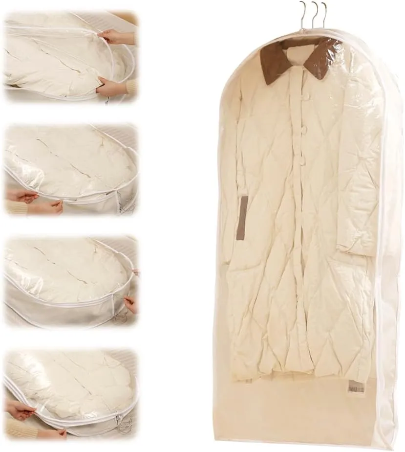 Space Saving Hanging Garment Bag with Self Compression Zipper, 2025 New Hanging Vacuum Storage Bags for Clothes, Dust Cover Clothes Bags for Down Coat (White L)