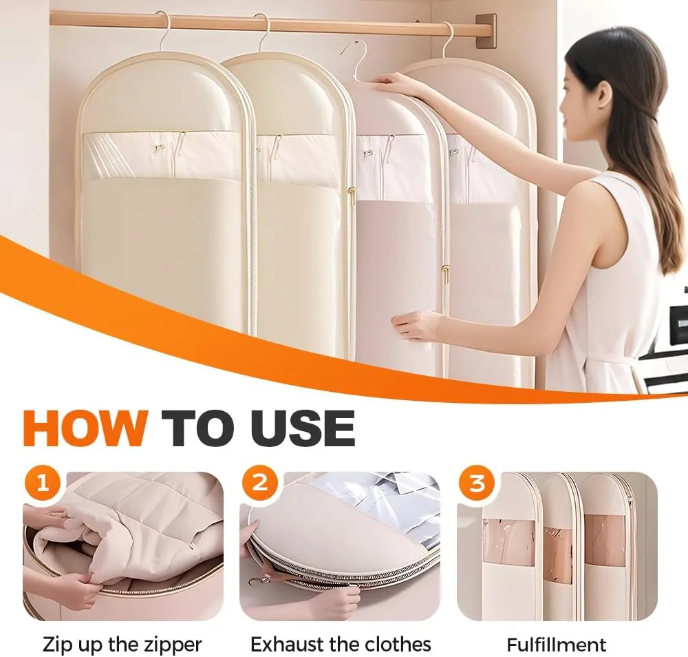 Space Saving Hanging Garment Bag with Self Compression Zipper, 2025 New Space Saver Dust Cover Closet Organizers, Heavy Duty Organizer Storage Bags for Moving or Storaging Clothes (Pink, Medium)