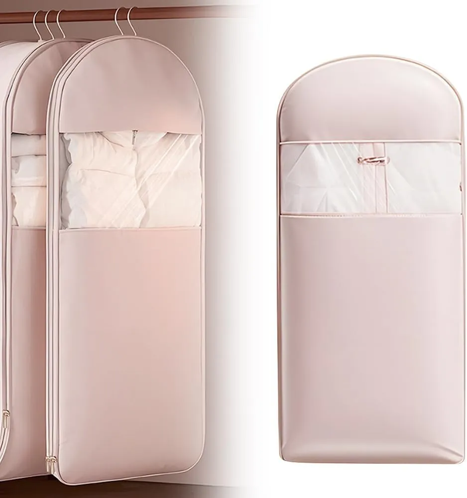 Space Saving Hanging Garment Bag with Self Compression Zipper, 2025 New Space Saver Dust Cover Closet Organizers, Heavy Duty Organizer Storage Bags for Moving or Storaging Clothes (Pink, Medium)