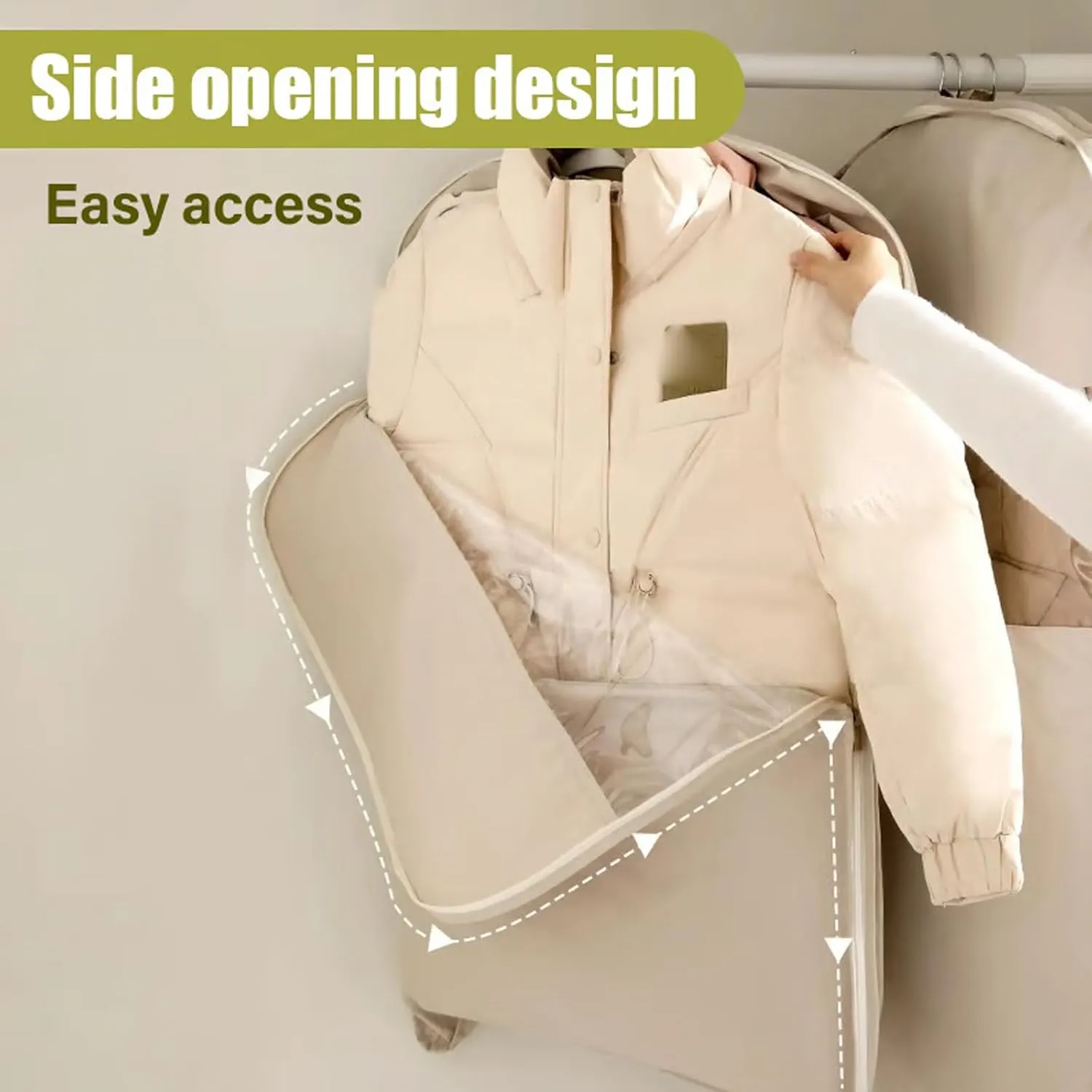 Space Saving Hanging Garment Bag with Self Compression Zipper, 2025 New Space Saving Hanging Protector, Winter Coat Storage, Heavy Duty Garment Bag for Down Coat (Beige, Medium)