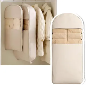Space Saving Hanging Garment Bag with Self Compression Zipper, 2025 New Space Saving Hanging Protector, Winter Coat Storage, Heavy Duty Garment Bag for Down Coat (Beige, Medium)