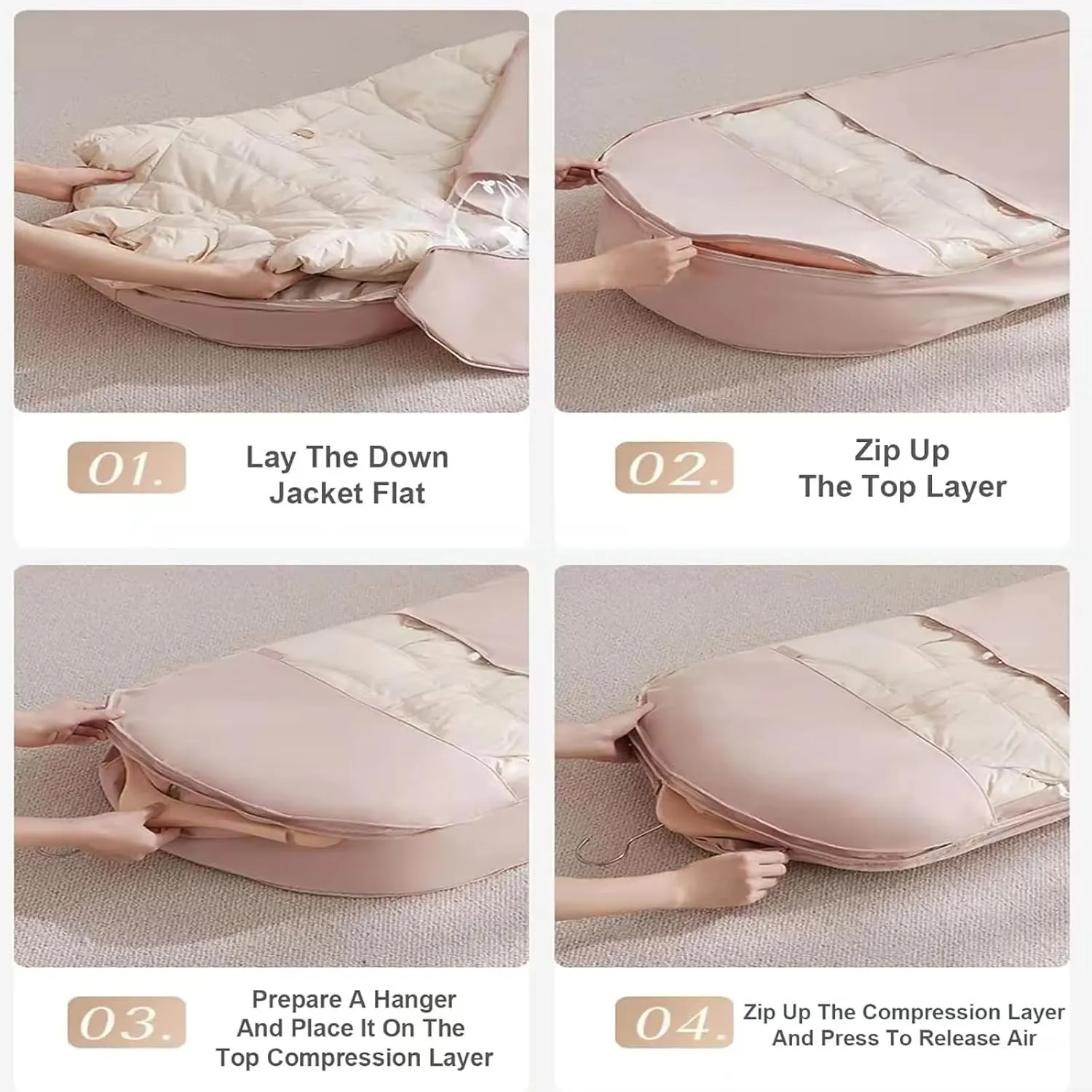 Space Saving Hanging Garment Bag with Self Compression Zipper Down Coat Compression Dust Cover 2025 Upgrade Space Saving Hanging Bag with transparent window (Pink, L)