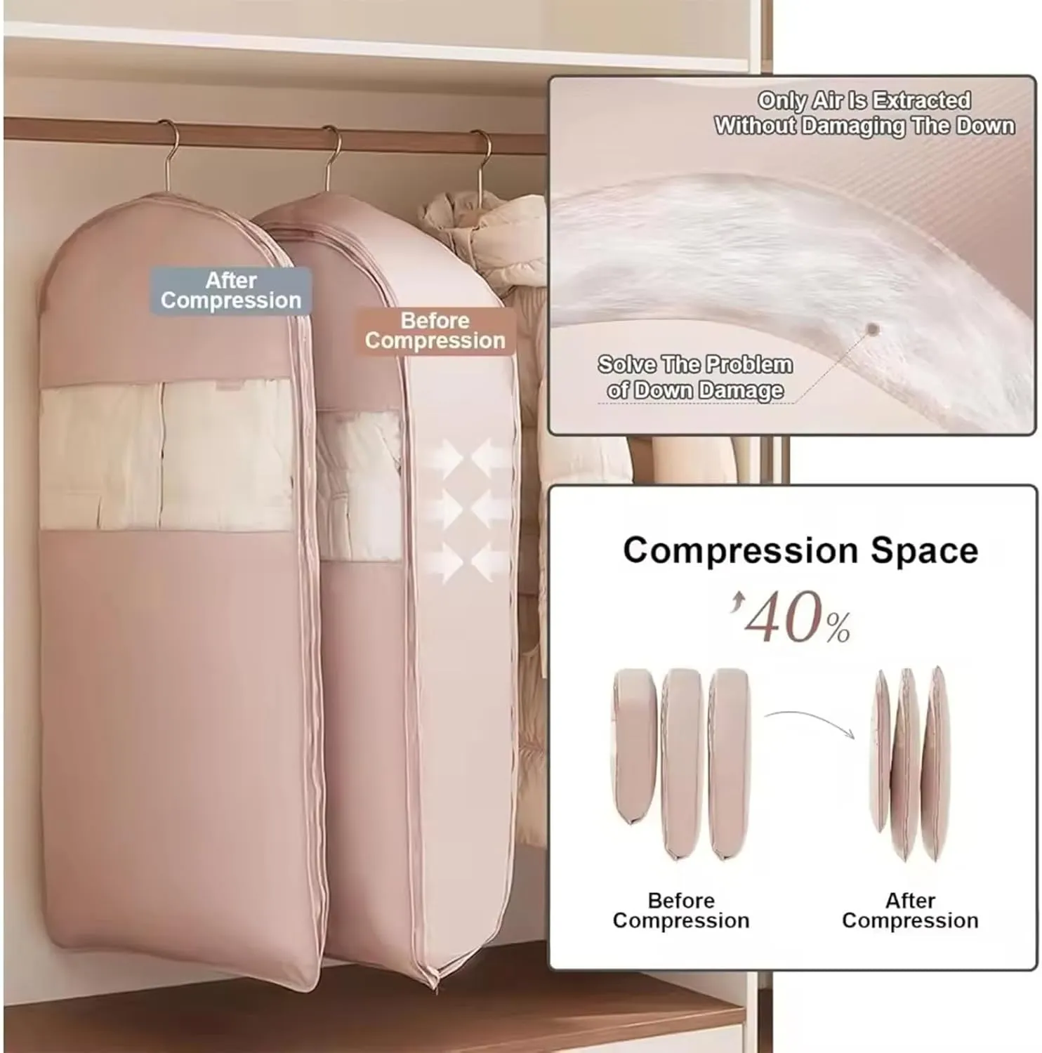 Space Saving Hanging Garment Bag with Self Compression Zipper Down Coat Compression Dust Cover 2025 Upgrade Space Saving Hanging Bag with transparent window (Pink, L)