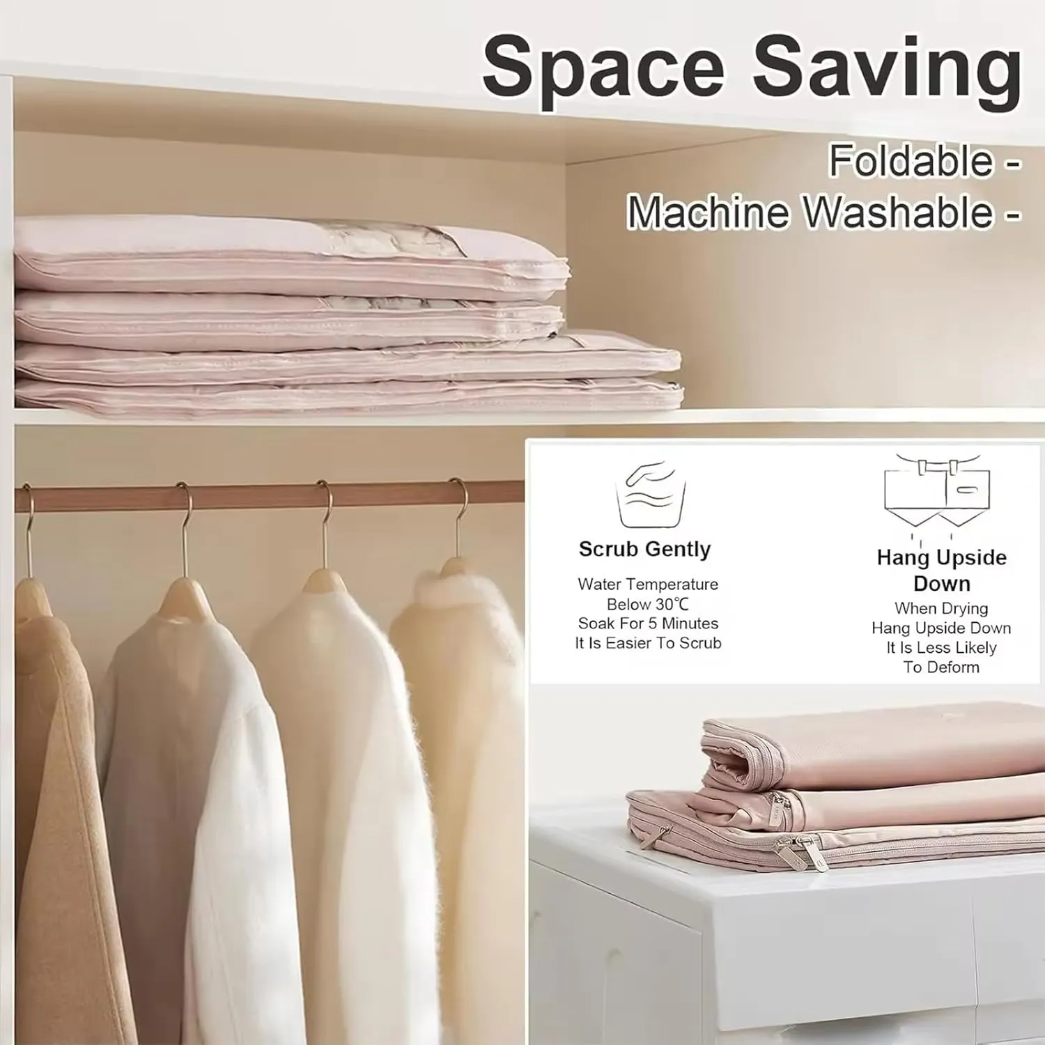 Space Saving Hanging Garment Bag with Self Compression Zipper Down Coat Compression Dust Cover 2025 Upgrade Space Saving Hanging Bag with transparent window (Pink, L)