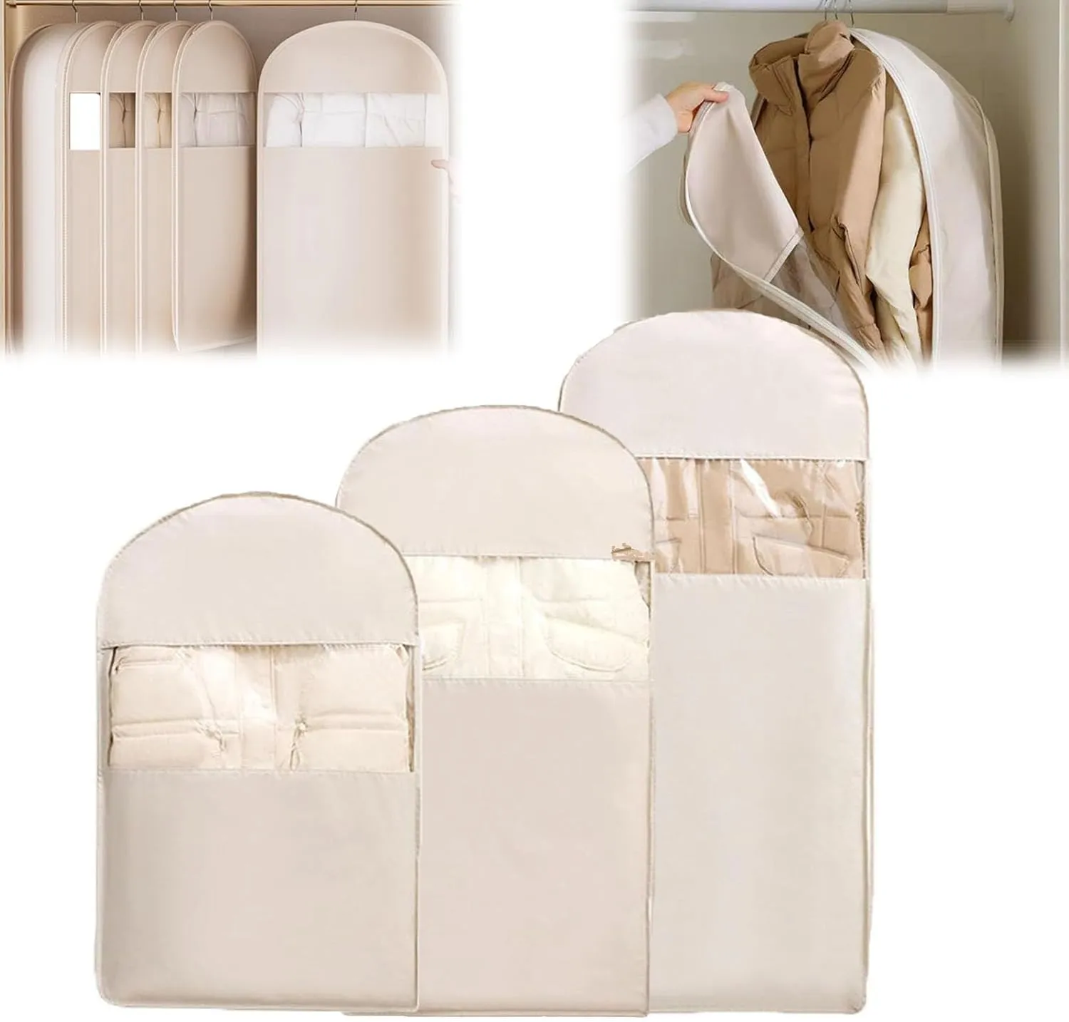 Space Saving Hanging Garment Bag with Self Compression Zipper, Dust Cover Clothes Bags for Down Coat, Space Saver Closet Organizers (Beige, 3PCS)