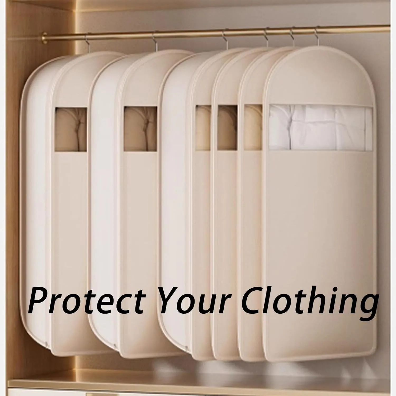Space Saving Hanging Garment Bag with Self Compression Zipper, Dust Cover Clothes Bags for Down Coat, Space Saver Closet Organizers (Beige, 3PCS)