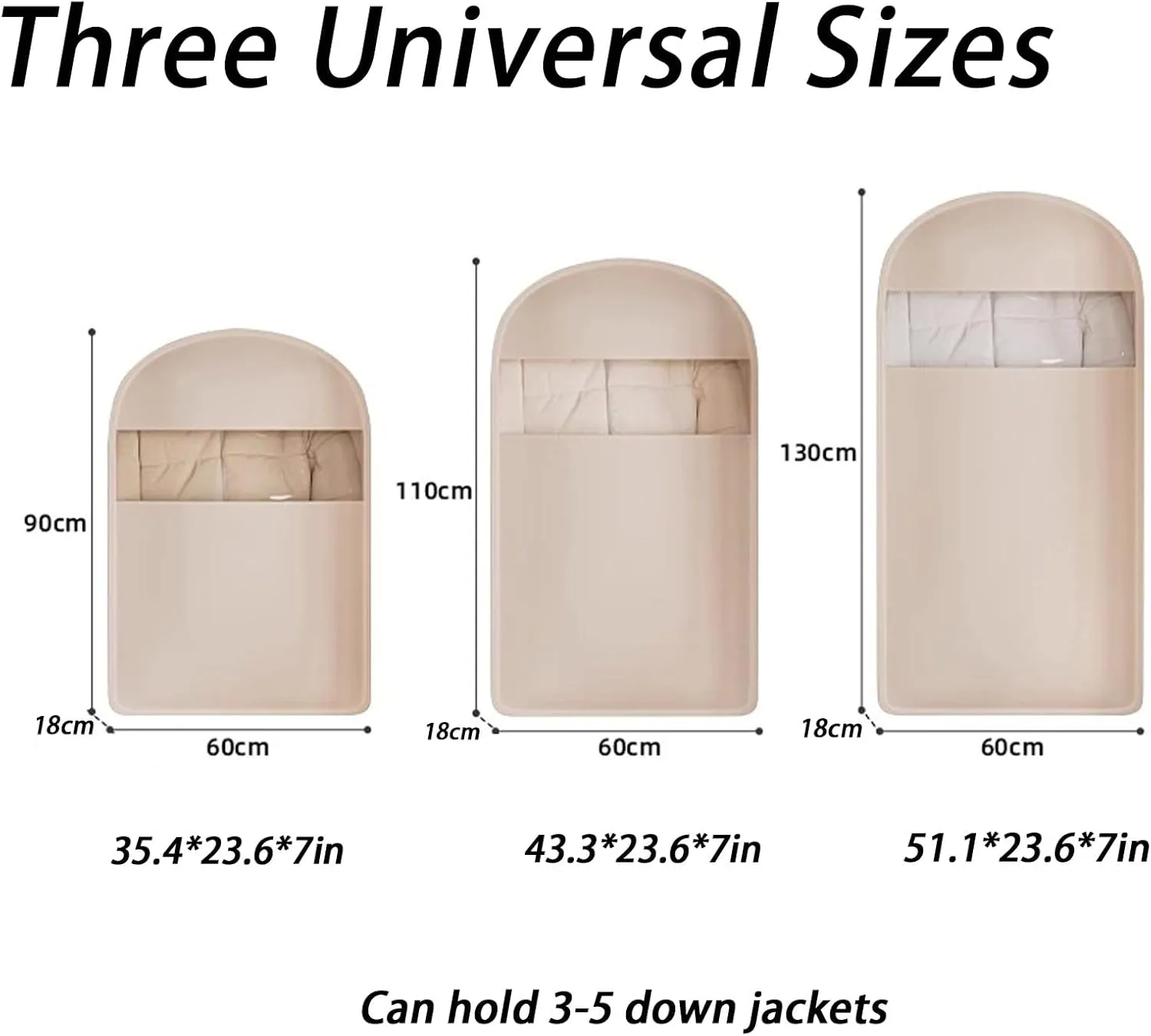 Space Saving Hanging Garment Bag with Self Compression Zipper, Dust Cover Clothes Bags for Down Coat, Space Saver Closet Organizers (Beige, 3PCS)
