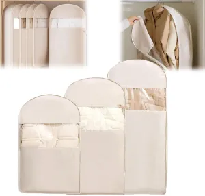 Space Saving Hanging Garment Bag with Self Compression Zipper, Dust Cover Clothes Bags for Down Coat, Space Saver Closet Organizers (Beige, 3PCS)