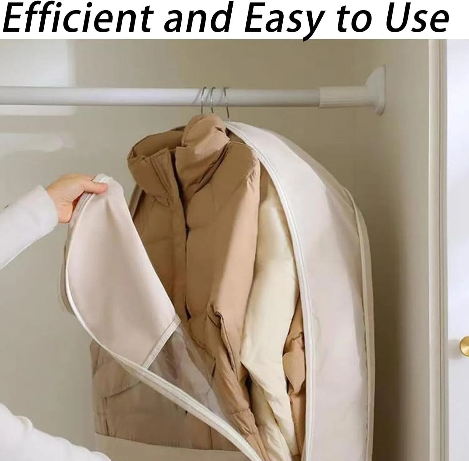 Space Saving Hanging Garment Bag with Self Compression Zipper, Dust Cover Clothes Bags for Down Coat, Space Saver Closet Organizers (Beige, 3PCS)