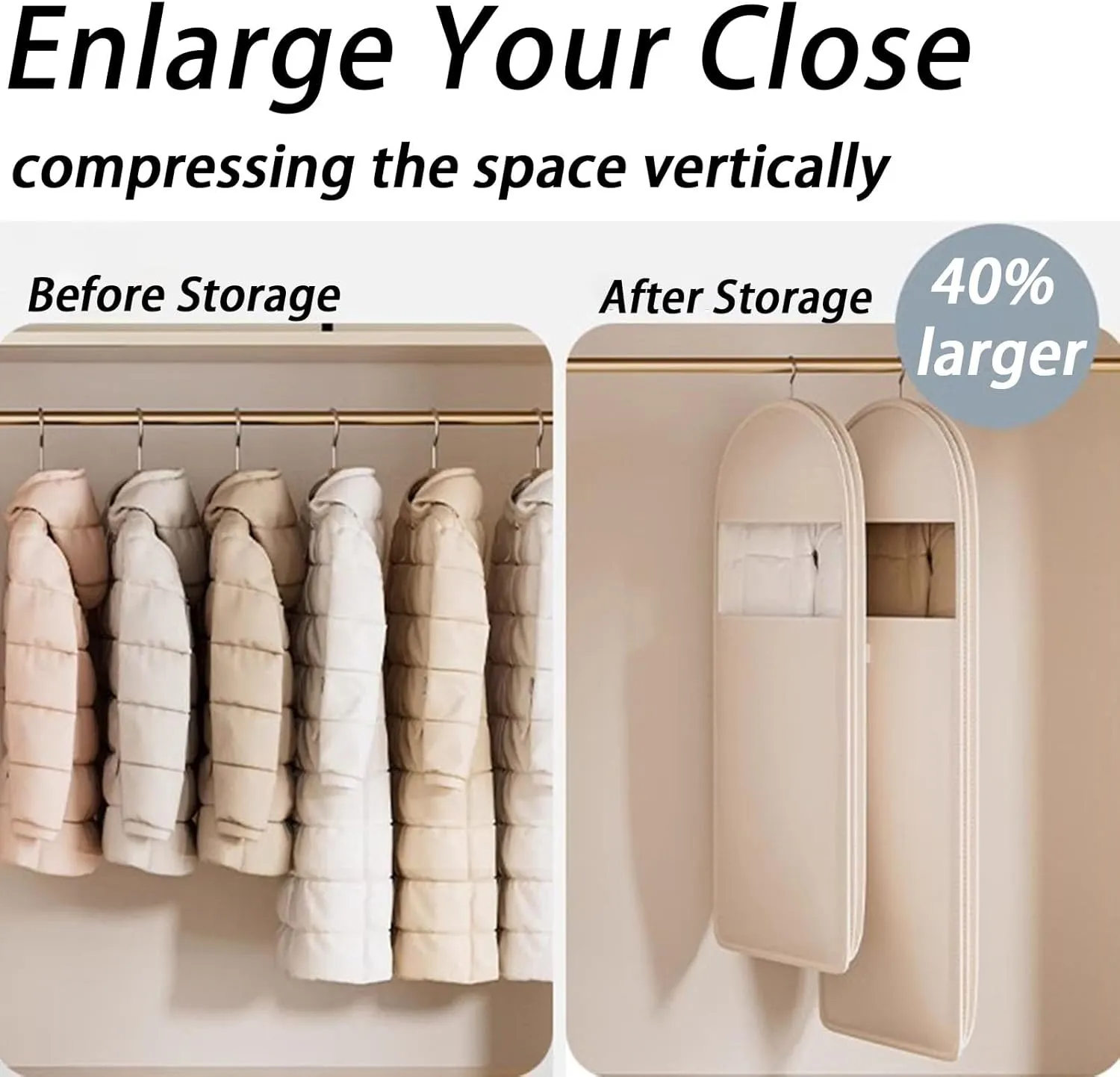 Space Saving Hanging Garment Bag with Self Compression Zipper, Dust Cover Clothes Bags for Down Coat, Space Saver Closet Organizers (Beige, 3PCS)