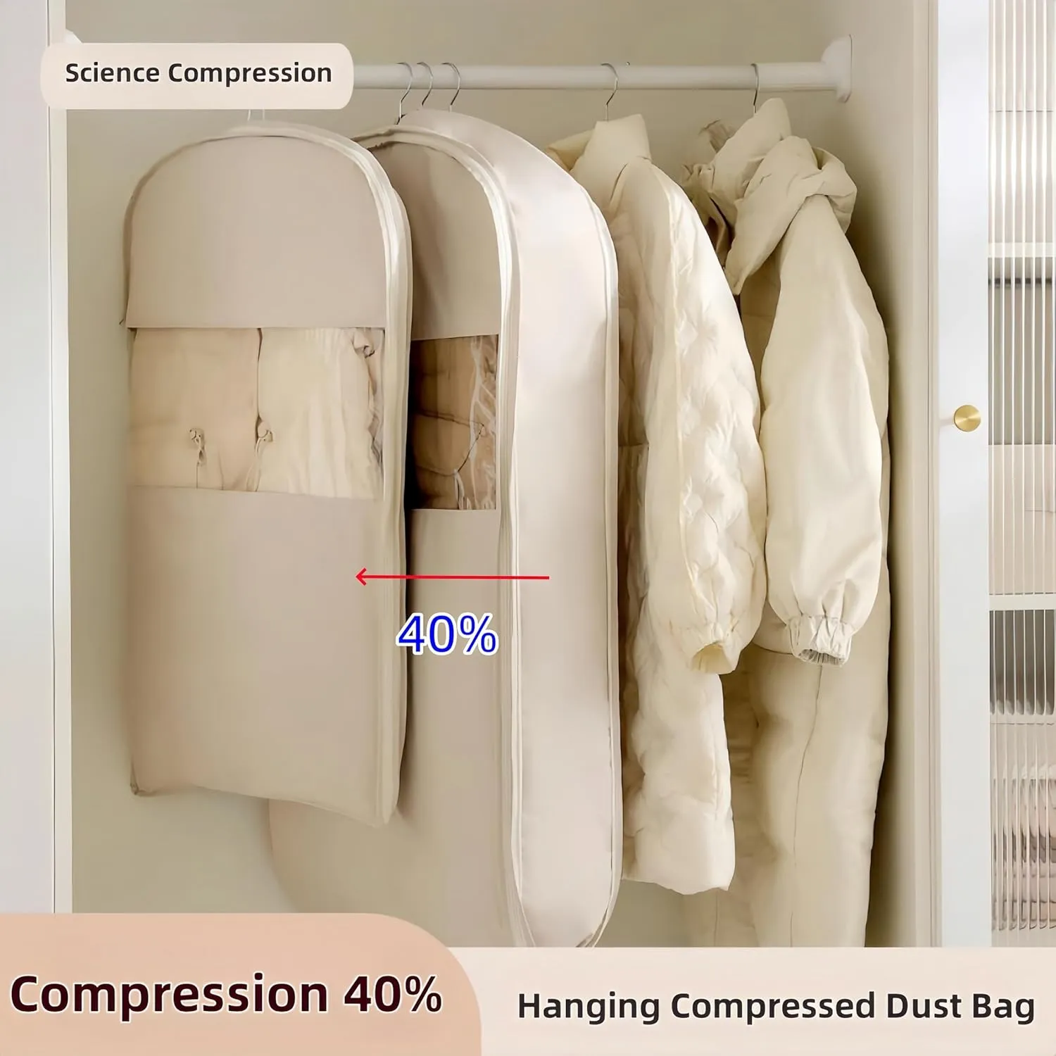 Space Saving Hanging Garment Bag with Self Compression Zipper – Dust Cover Clothes Bags for Down Coat, Suit & Dress – Closet Organizer Garment Bags for Hanging Clothes & Travel Storage (Beige, M)