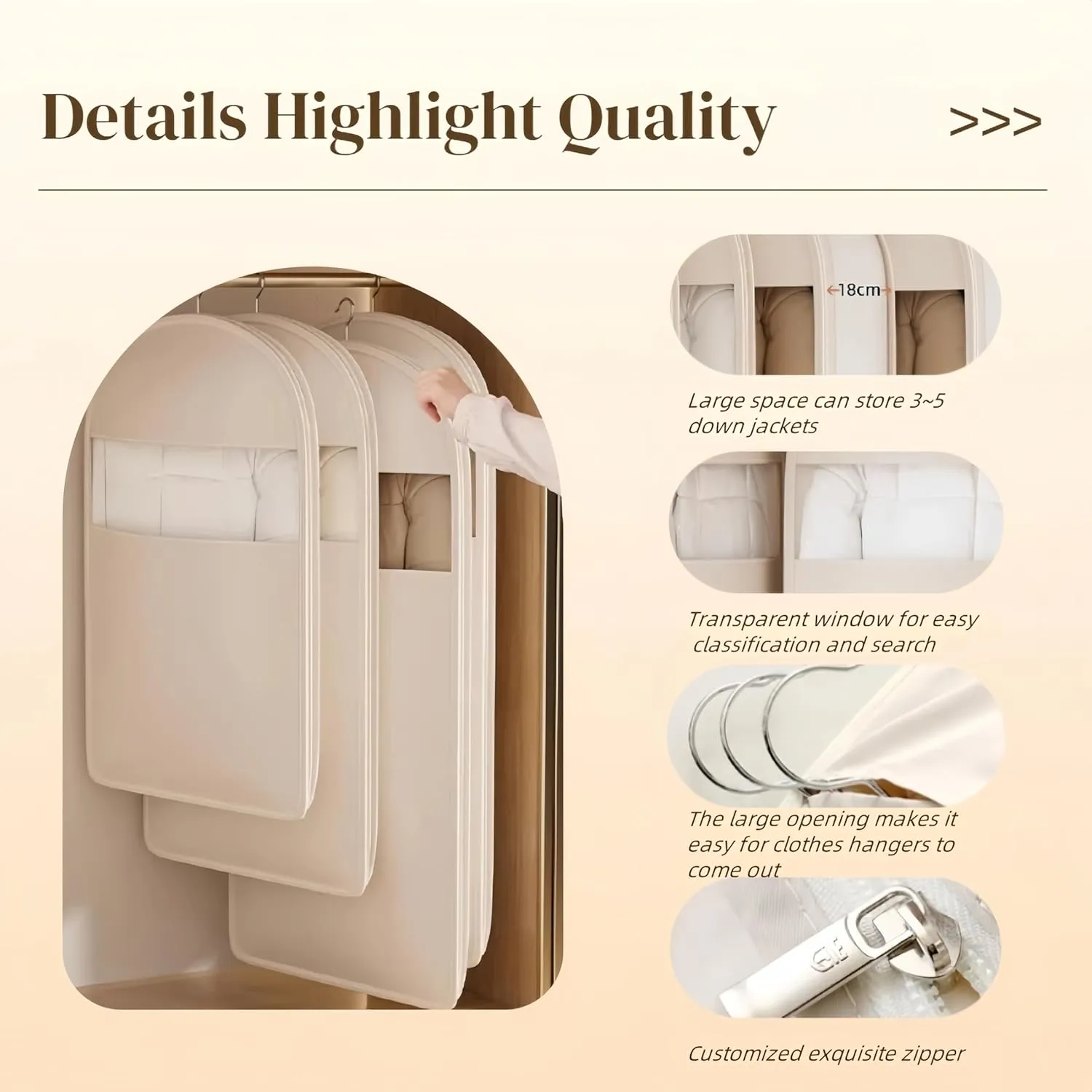 Space Saving Hanging Garment Bag with Self Compression Zipper – Dust Cover Clothes Bags for Down Coat, Suit & Dress – Closet Organizer Garment Bags for Hanging Clothes & Travel Storage (Beige, M)
