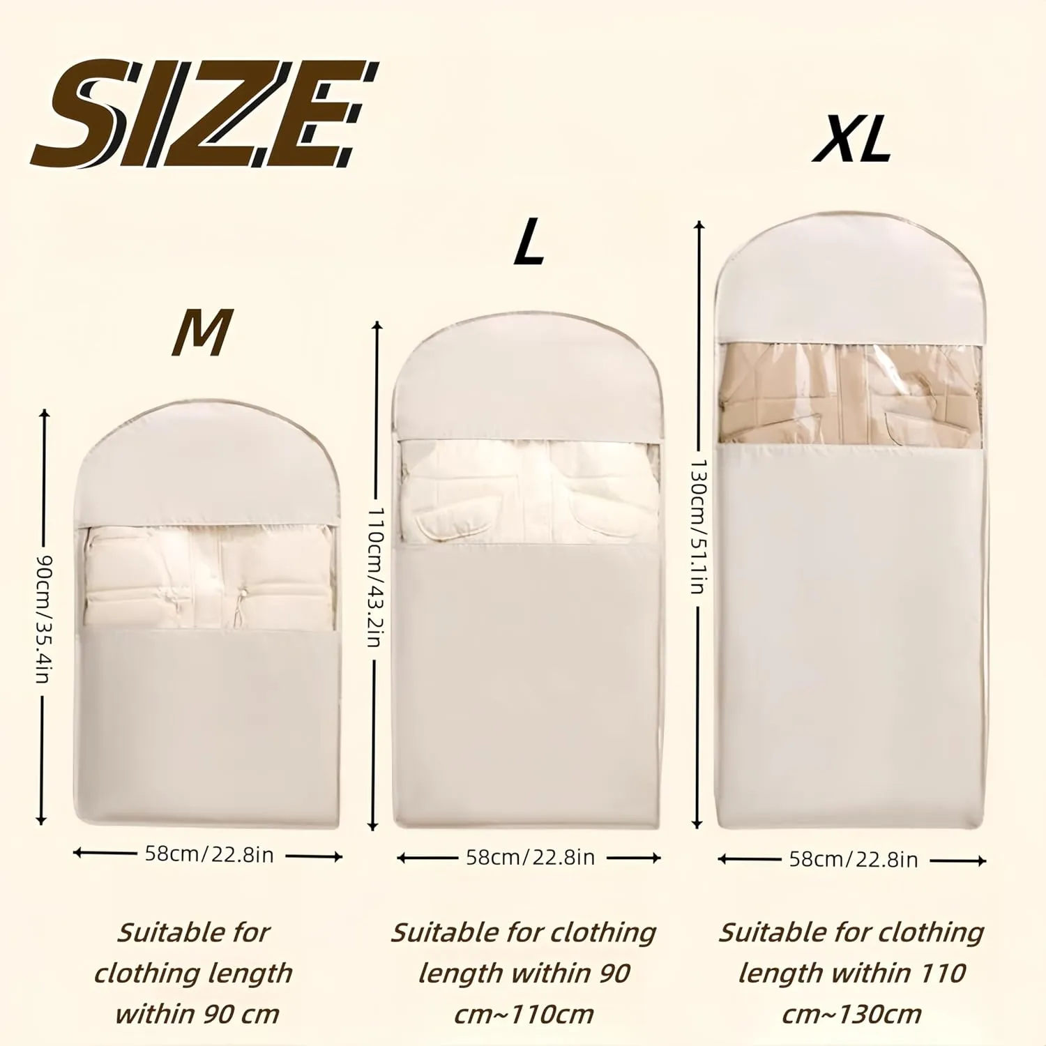 Space Saving Hanging Garment Bag with Self Compression Zipper – Dust Cover Clothes Bags for Down Coat, Suit & Dress – Closet Organizer Garment Bags for Hanging Clothes & Travel Storage (Beige, M)