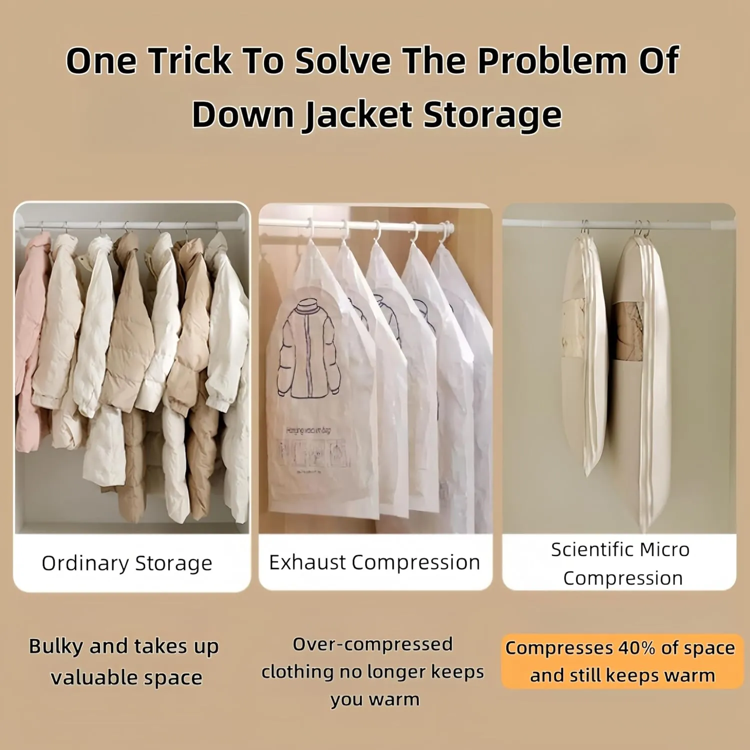 Space Saving Hanging Garment Bag with Self Compression Zipper – Dust Cover Clothes Bags for Down Coat, Suit & Dress – Closet Organizer Garment Bags for Hanging Clothes & Travel Storage (Beige, M)
