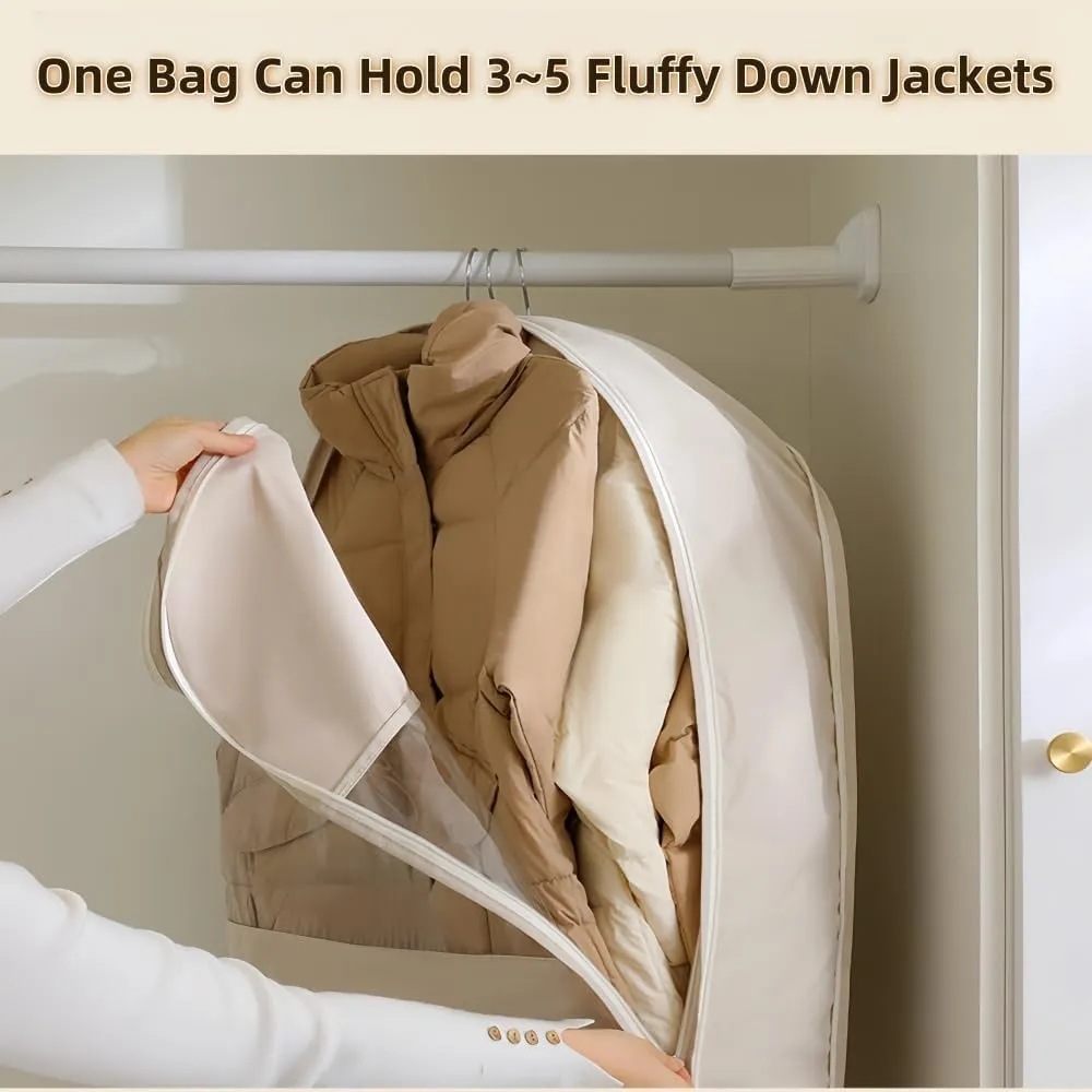 Space Saving Hanging Garment Bag with Self Compression Zipper – Dust Cover Clothes Bags for Down Coat, Suit & Dress – Closet Organizer Garment Bags for Hanging Clothes & Travel Storage (Beige, M)
