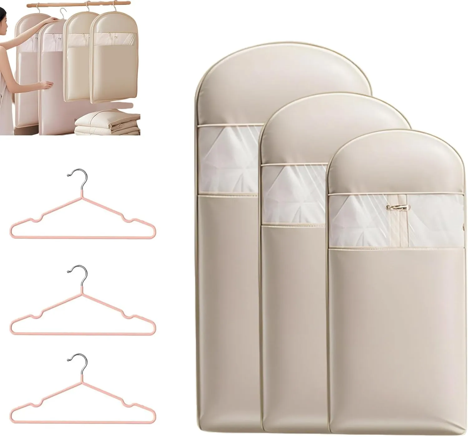 Space Saving Hanging Garment Bag with Self Compression Zipper Gray, Cover Clothes Bags for Down Coat Travel Bags with Hanger (Beige, 3Pcs)