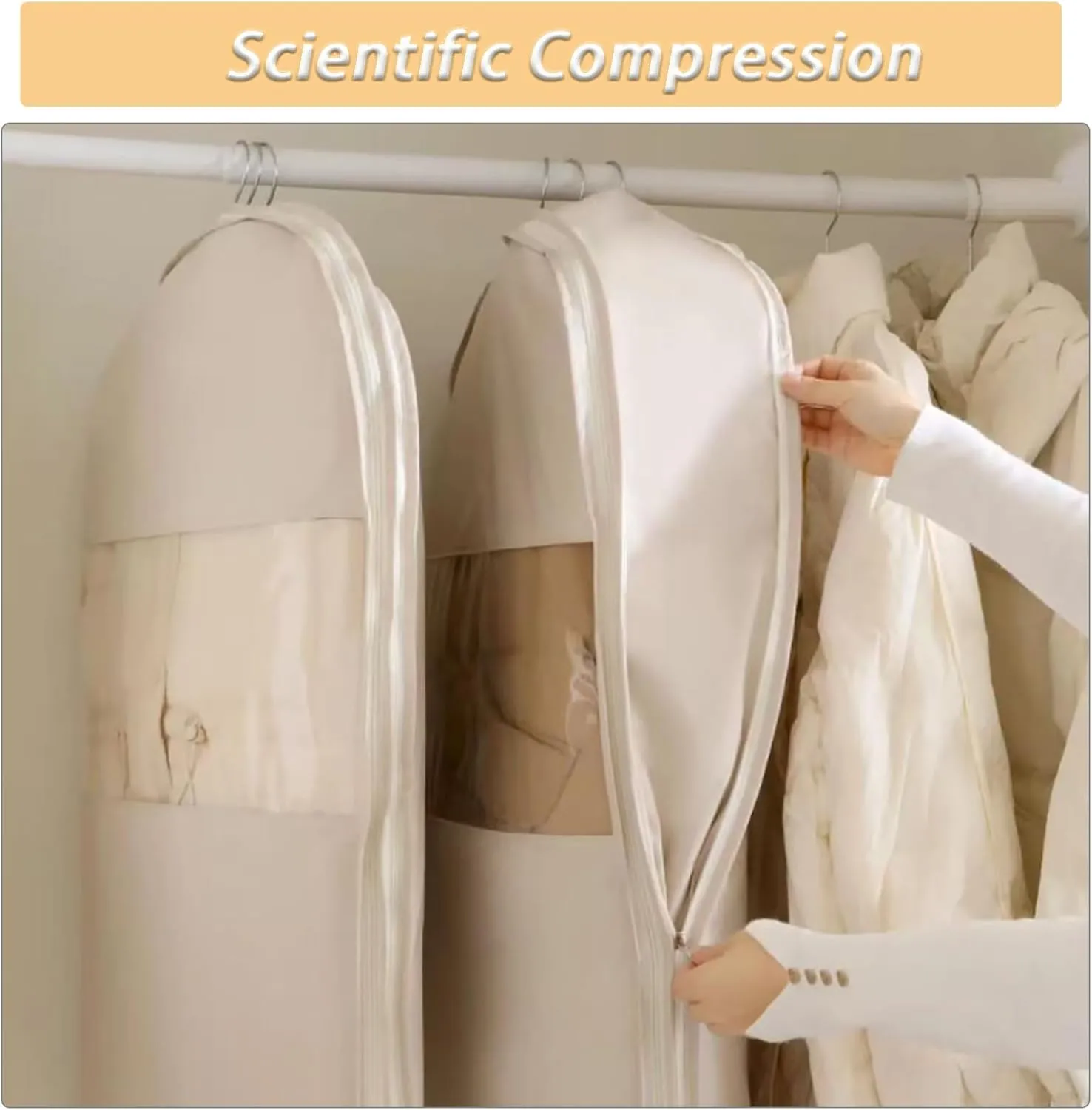 Space Saving Hanging Garment Bag with Self Compression Zipper Gray, Cover Clothes Bags for Down Coat Travel Bags with Hanger (Beige, 3Pcs)