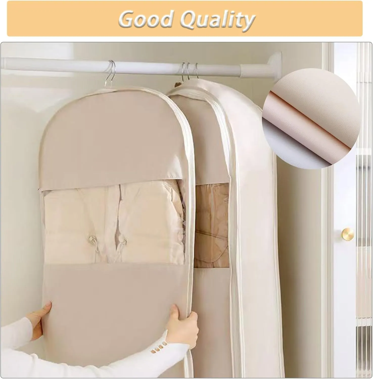 Space Saving Hanging Garment Bag with Self Compression Zipper Gray, Cover Clothes Bags for Down Coat Travel Bags with Hanger (Beige, 3Pcs)