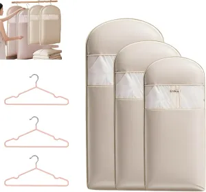 Space Saving Hanging Garment Bag with Self Compression Zipper Gray, Cover Clothes Bags for Down Coat Travel Bags with Hanger (Beige, 3Pcs)