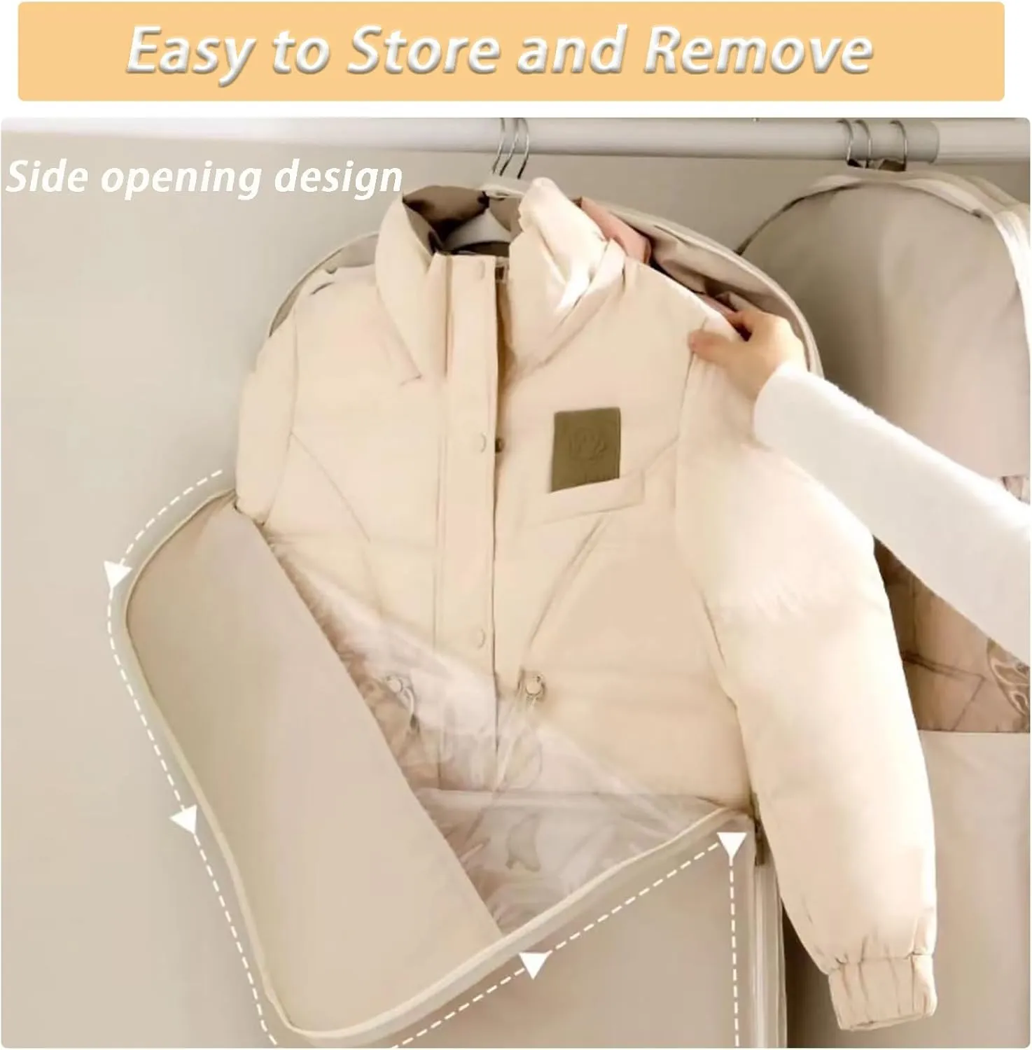 Space Saving Hanging Garment Bag with Self Compression Zipper Gray, Cover Clothes Bags for Down Coat Travel Bags with Hanger (Beige, 3Pcs)