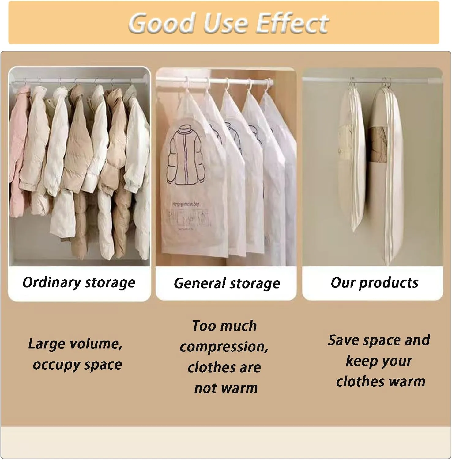 Space Saving Hanging Garment Bag with Self Compression Zipper Gray, Cover Clothes Bags for Down Coat Travel Bags with Hanger (Beige, 3Pcs)