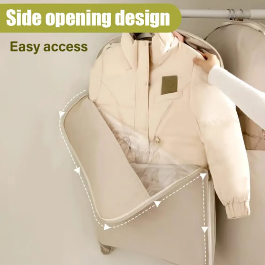 Space Saving Hanging Garment Bag with Self Compression Zipper, Space Saver Closet Organizers, Prevent Dust, No Taste, Space Saving Hanging Protector for Down Coat (Beige, Large)