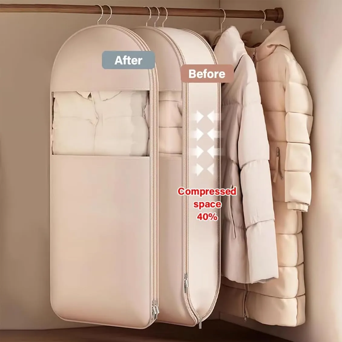Space Saving Hanging Garment Bag with Self Compression Zipper, Space Saver Closet Organizers, Prevent Dust, No Taste, Space Saving Hanging Protector for Down Coat (Beige, Large)