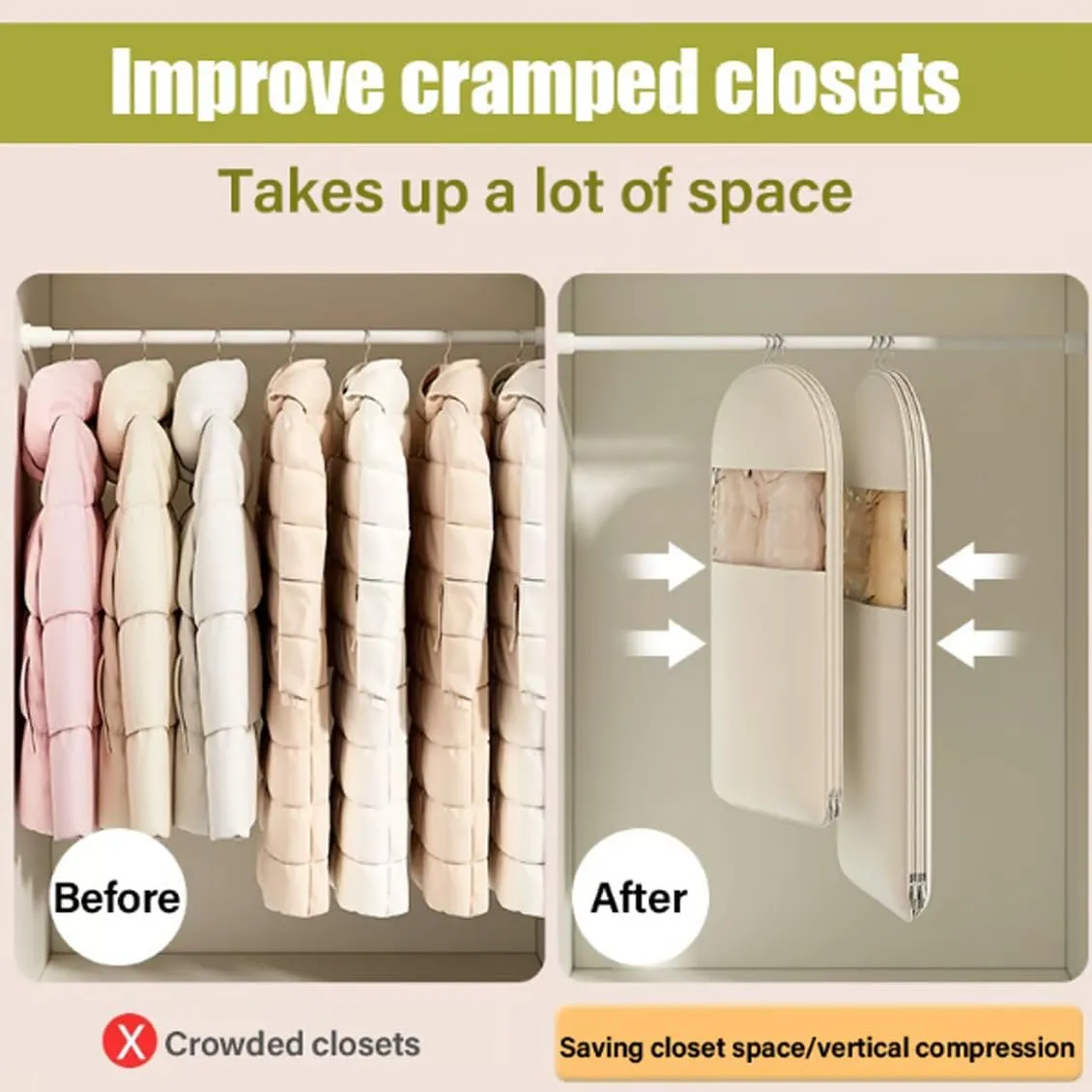 Space Saving Hanging Garment Bag with Self Compression Zipper, Space Saver Closet Organizers, Prevent Dust, No Taste, Space Saving Hanging Protector for Down Coat (Beige, Large)