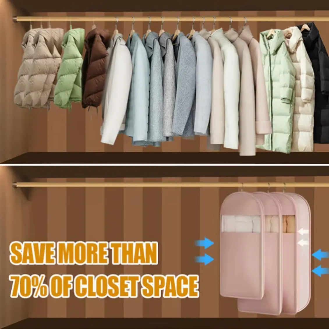 Space Saving Hanging Garment Bag with Self Compression Zipper, Space Saver Closet Organizers, Prevent Dust, No Taste, Space Saving Hanging Protector for Down Coat (Beige, Large)