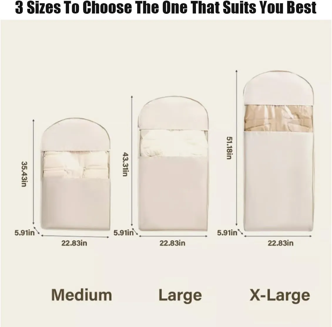 Space Saving Hanging Garment Bag with Self Compression Zipper, Space Saver Closet Organizers, Prevent Dust, No Taste, Space Saving Hanging Protector for Down Coat (Beige, Large)
