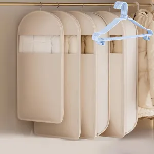 Space Saving Hanging Garment Bag with Self Compression Zipper, Space Saver Closet Organizers, Prevent Dust, No Taste, Space Saving Hanging Protector for Down Coat (Beige, Large)