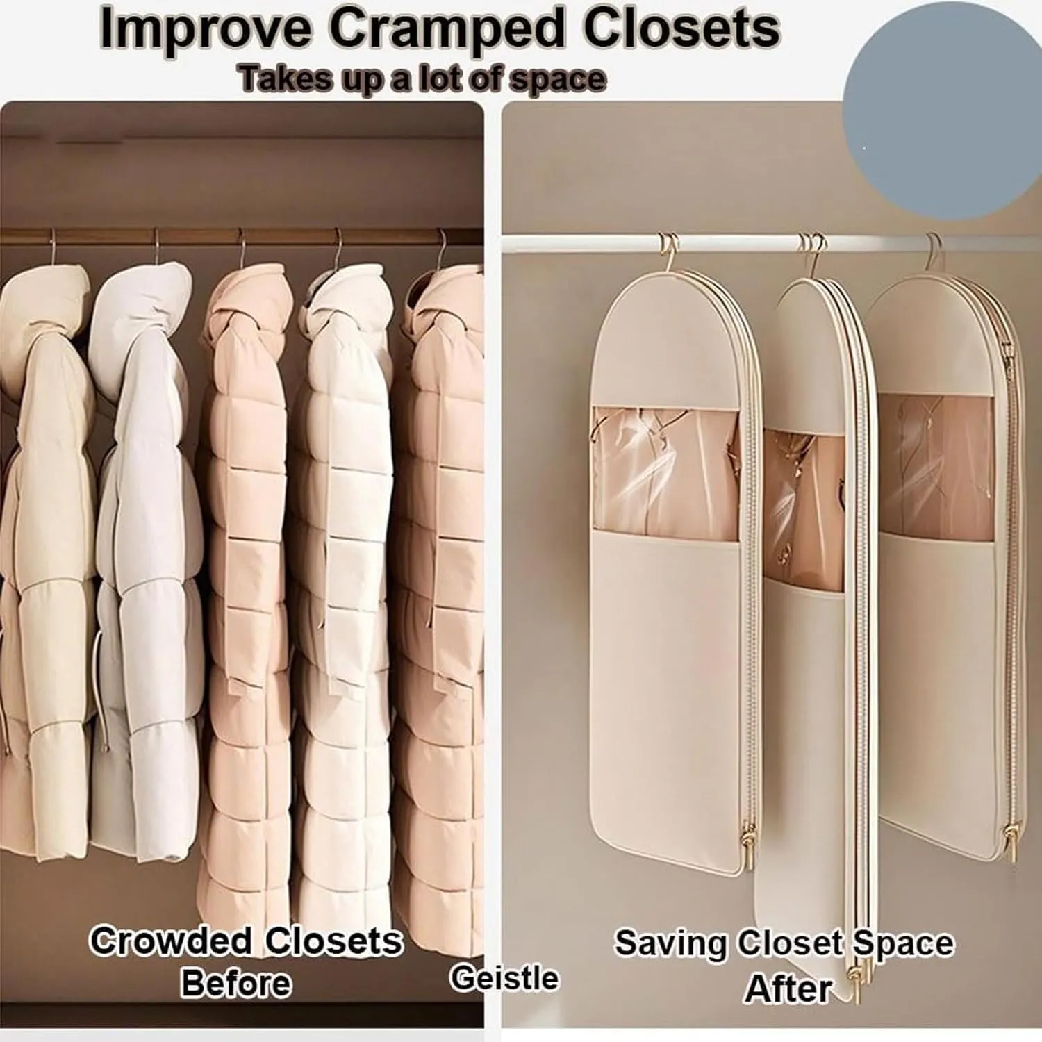 Space Saving Hanging Garment Bag with Self Compression Zipper, Space Saver Coat Storage Bag, Dust Cover Clothes Bags for down Coat, Travel Bags with Hanger, For Closet Storage (Pink, XL)