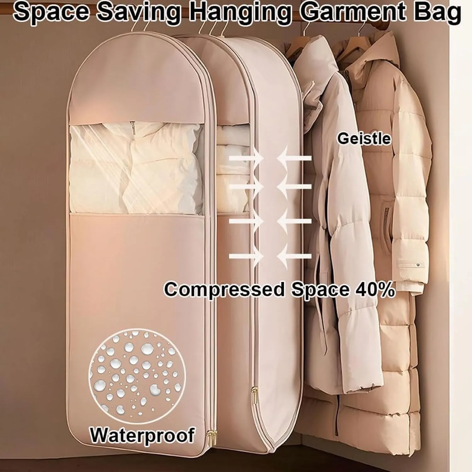 Space Saving Hanging Garment Bag with Self Compression Zipper, Space Saver Coat Storage Bag, Dust Cover Clothes Bags for down Coat, Travel Bags with Hanger, For Closet Storage (Pink, XL)