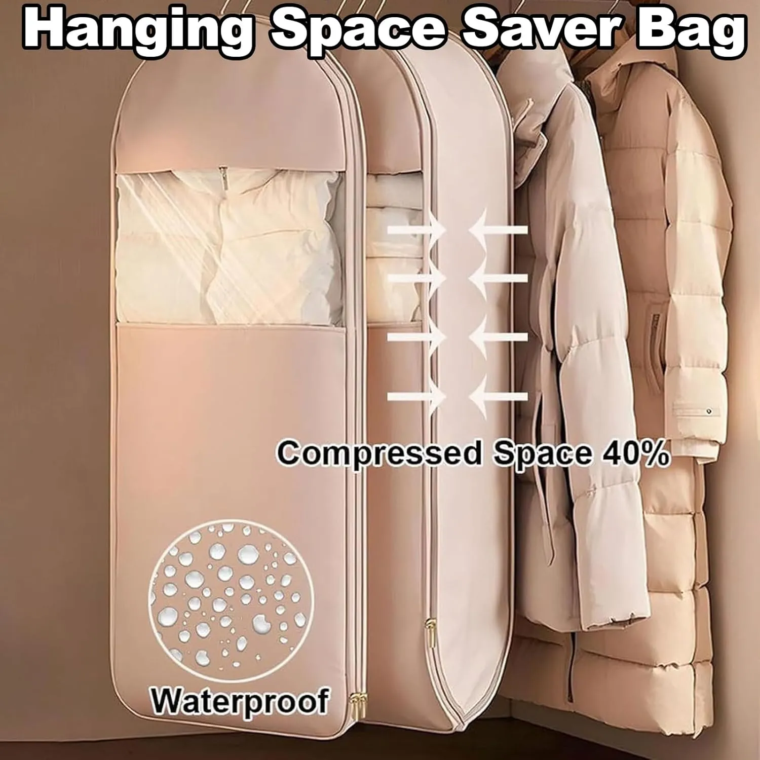 Space Saving Hanging Garment Bag with Self Compression Zipper, Space Saver Dress Bags for Hanging Clothes Organizers and Storage, Dust Cover Clothes Bags for Down Coat (Pink, L-43.3 * 22.8 * 5.9in)