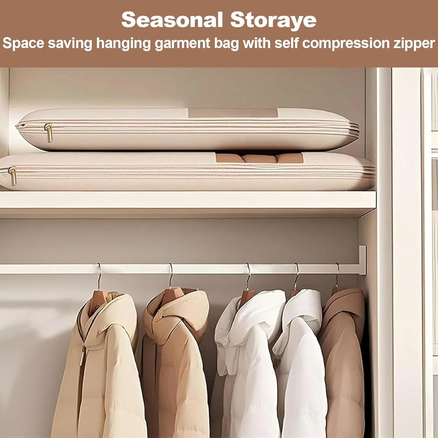 Space Saving Hanging Garment Bag with Self Compression Zipper, Space Saver Dress Bags for Hanging Clothes Organizers and Storage, Dust Cover Clothes Bags for Down Coat (Pink, L-43.3 * 22.8 * 5.9in)