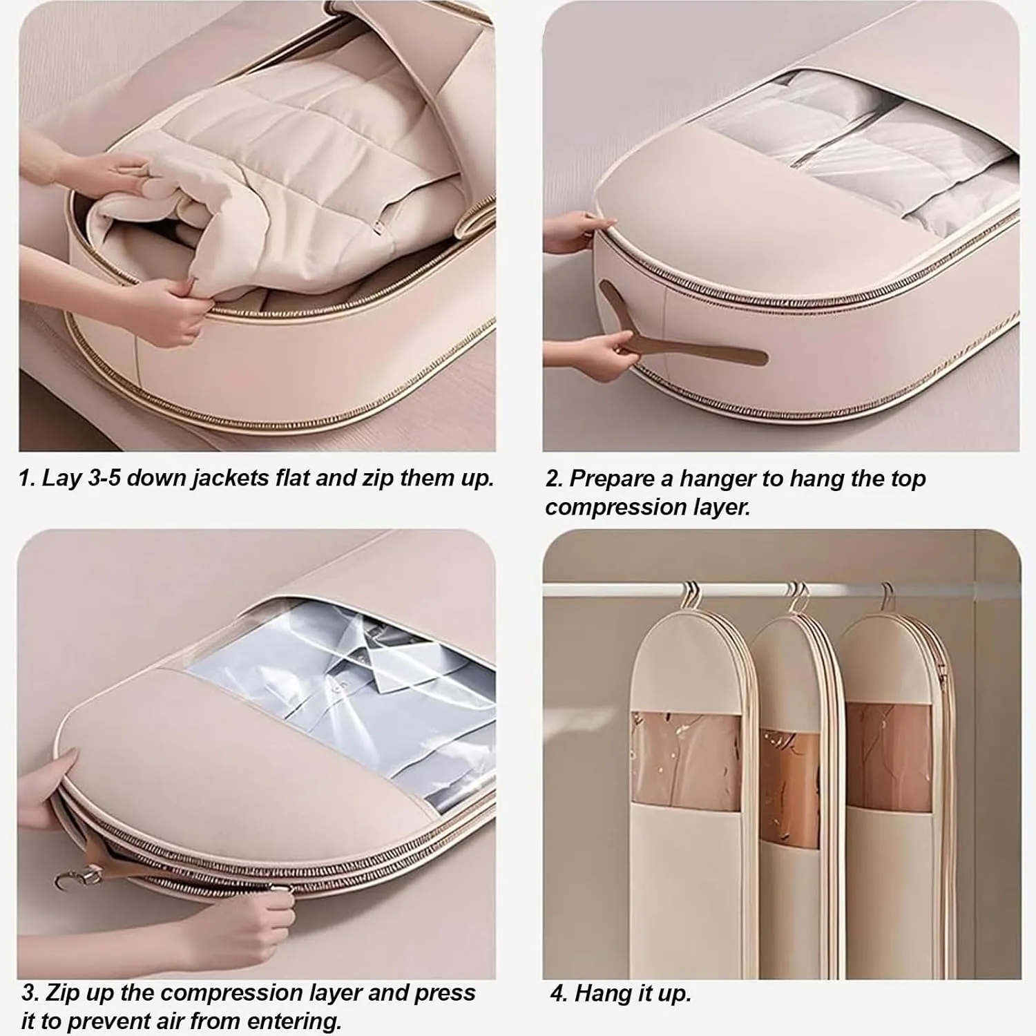 Space Saving Hanging Garment Bag with Self Compression Zipper, Space Saver Dress Bags for Hanging Clothes Organizers and Storage, Dust Cover Clothes Bags for Down Coat (Pink, L-43.3 * 22.8 * 5.9in)