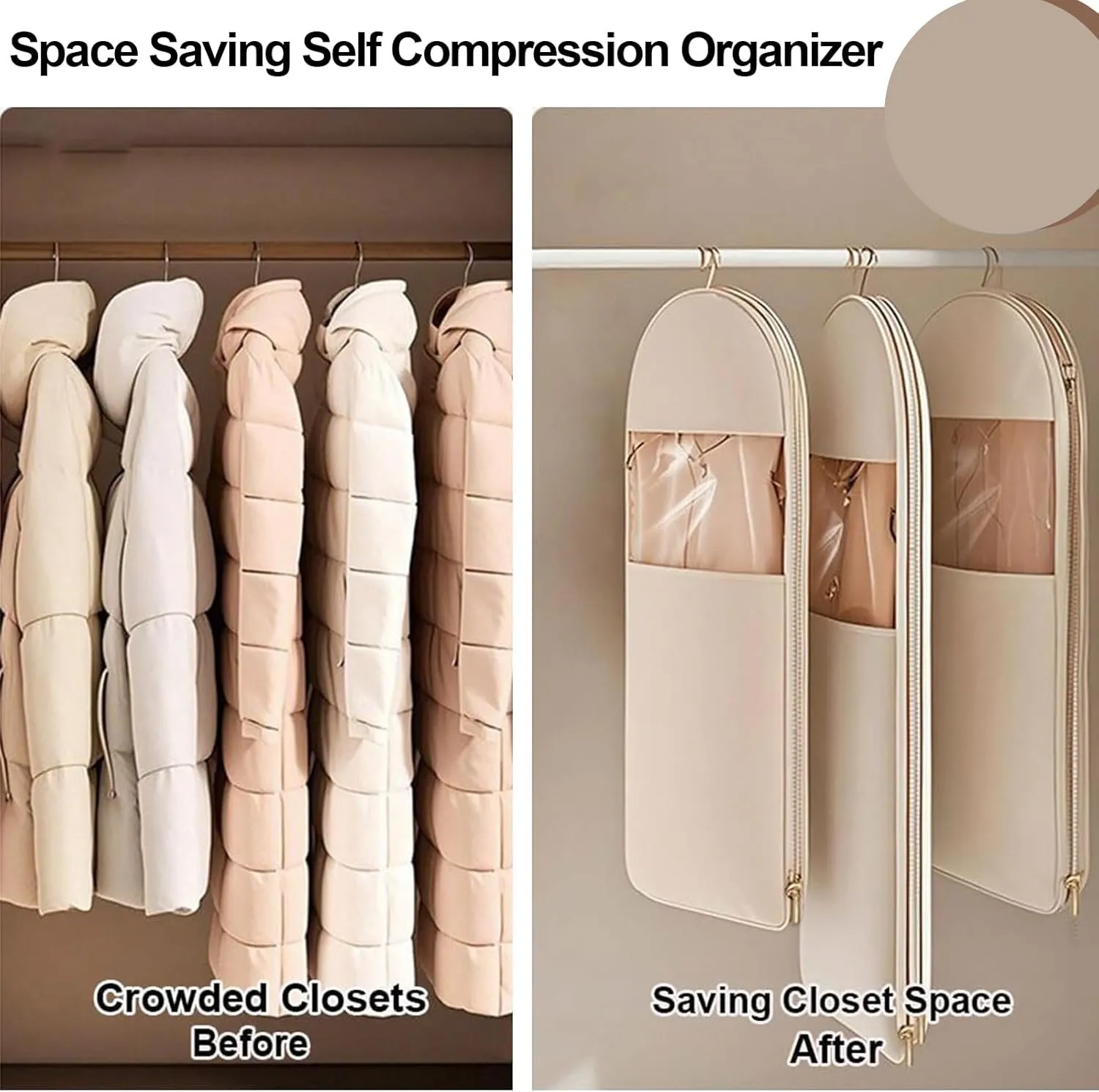 Space Saving Hanging Garment Bag with Self Compression Zipper, Space Saver Dress Bags for Hanging Clothes Organizers and Storage, Dust Cover Clothes Bags for Down Coat (Pink, L-43.3 * 22.8 * 5.9in)