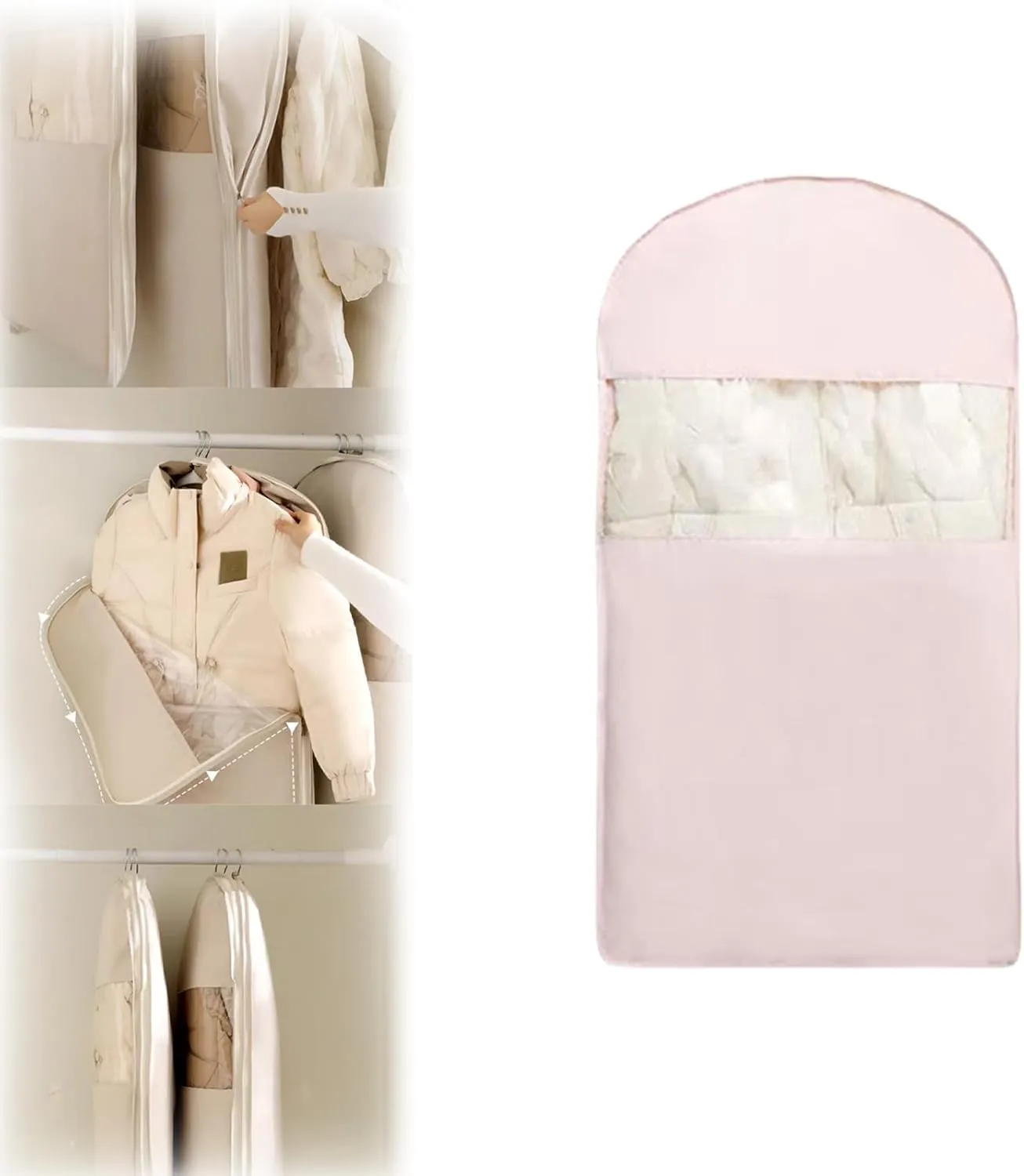Space Saving Hanging Garment Bag with Self Compression Zipper, Space Saving Bags, Dust Cover Clothes Bags for Down Coat, Travel Bag with Hanger (pink,m)
