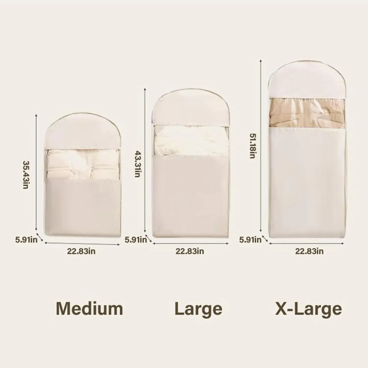 Space Saving Hanging Garment Bag with Self Compression Zipper, Space Saving Hanging Protector for Down Coat, Down Coat Compression Dust Cover for Closet Storage (Beige, L)